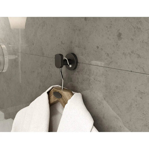 Dia 4-Piece Wall Mounted Bathroom Hardware Set In Matte Black With Towel Bar, Robe Hook, Hand Towel Holder, And Toilet Paper Holder, Includes All Mounting Hardware And 50 Lb Bar Capacity, Lifetime Residential Warranty, robe hook on tiled wall.