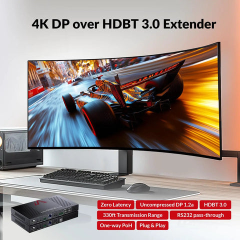 4K DisplayPort KVM Extender Over Ethernet HDBaseT 3.0 PoE With Uncompressed DP 1.2a Transmission 4K60Hz Zero Latency 100m Range For Pro Gaming Setups And Workstations, monitor and transmitter