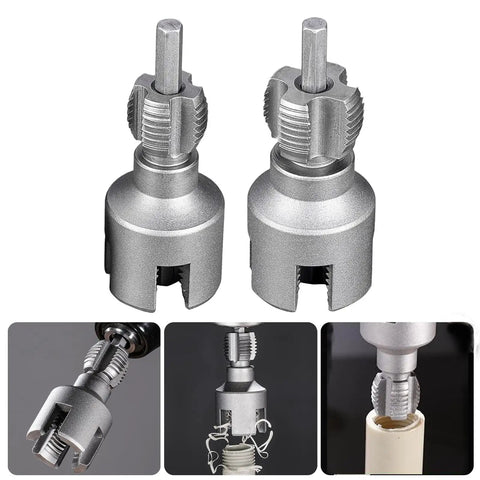 2pc Threader Set For PVC Pipes 1/2 And 3/4 Inch Opener With Electric Drill includes alloy threading tools for pipe repairs.