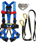 Pro Backyard Zip Line Kit Bundle With Harness And Lanyard Trolley, showing blue harness, trolley, lanyard, and webbing.