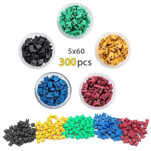 Image of colorful 2.54mm jumpers from the Pin Headers And Jumper Cap Assortment Kit For DIY Electronics, 300 Pcs.