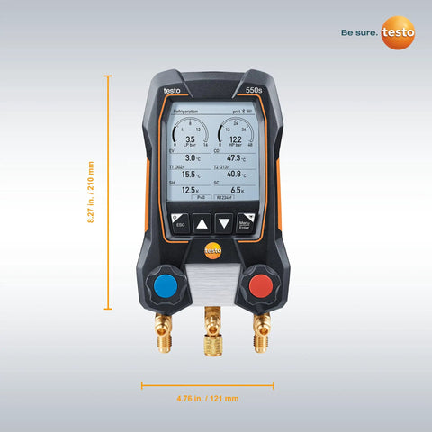 Pro Grade AC Manifold Gauge Set For HVAC Pros And Refrigeration With Bluetooth Micron Gauge And Two Pipe Clamp Thermometers Includes T115i And T552i For Precise Temperature And Pressure Readings And Easy Recharge Kit, front view, 210 mm