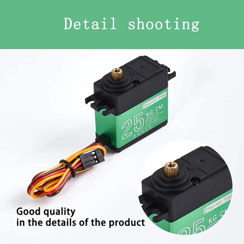 Close-up of a 15Kg Digital RC Servo Motor with Metal Gear Waterproof 25T Servo Horn, green color, used for RC vehicles and robotics.