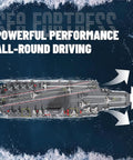 Top view of Amped Up Remote Control Warship Boat With 2 4G Link Twin Motor Power for Realistic Races on water surface.