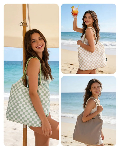 Woman holding Waterproof Beach Tote Bag For Women With Zipper at the beach, showing its medium size and sandproof design.
