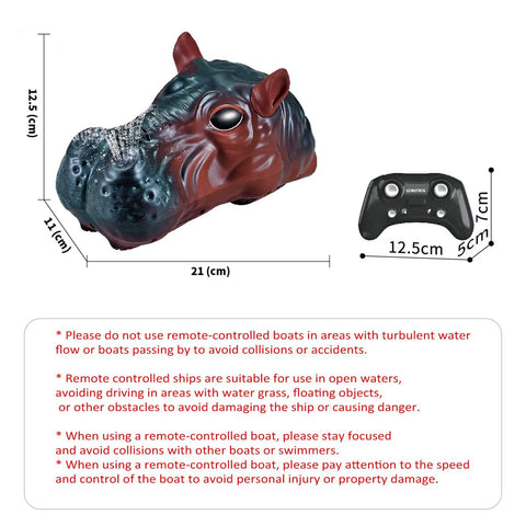 Dope 2.4G Remote Control Boat With Twin Propellers, hippo-shaped, dimensions with remote, product dimensions in cm.