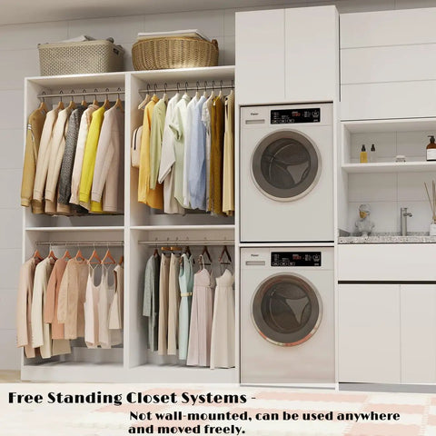 No Sweat Hella Spacious 8FT Modular Closet System Freestanding Walk-In Organizer With 12 Hanging Rods White Adjustable Storage Shelves for garments.