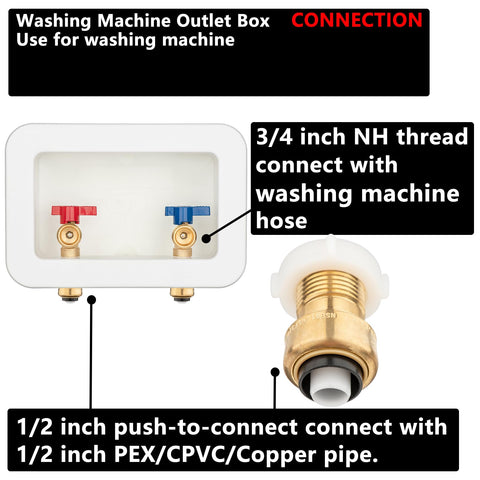 Washing Machine Outlet Box With Center Drain, Push To Connect Inlet One Half Inch, Outlet Three Quarter Inch Male Thread, Brass Ball Valves, No Hassle Install, Includes Two Adjustable Mount Brackets And Disconnection Clip Tool, detailed view