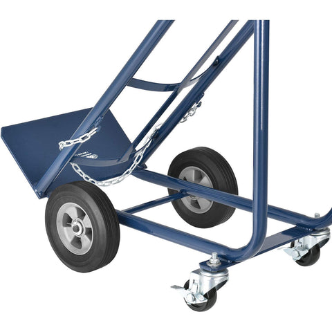 Tilt Back Cylinder Hand Truck With Curved Handle Built For Heavy Lifting And Tough Jobs, 800 Pound Capacity, 47 Inch Tall, blue steel frame close-up