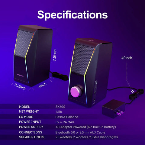 Product specifications of Lit Hi Fi Computer Speakers With Bluetooth 5.0, Four Dynamic Lighting Modes, AC Powered, And 3.5mm AUX In