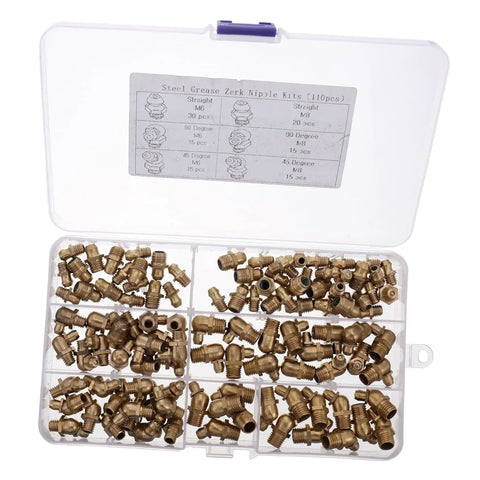 Copper Grease Fitting Assortment Kit With Straight And 45 Degree Nipples in storage box, organized for easy use and replacement.