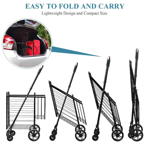 Heavy Duty Foldable Grocery Cart With Adjustable Handle, extra basket, 360 swivel wheels shown folded in car trunk