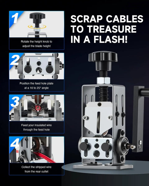 Manual Wire Stripper Machine For Scrap Wire 0.06 To 1 Inch, shown with steps for use on instruction panel