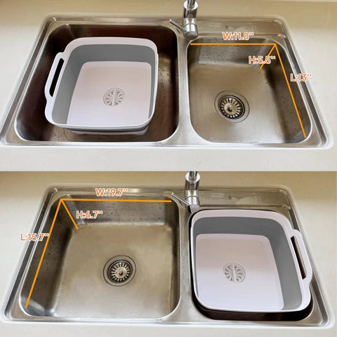 Collapsible Wash Basin With Drain Plug 2.4 Gallon Foldable Kitchen Sink in a metal double sink, gray color