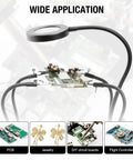 Four Arm Soldering Gear With 5X Magnifier And Light, PCB Holder And Third Hand Tool in use with circuit board.