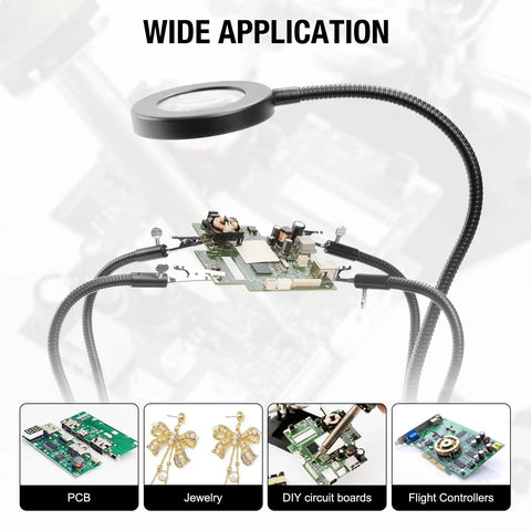 Four Arm Soldering Gear With 5X Magnifier And Light, PCB Holder And Third Hand Tool in use with circuit board.