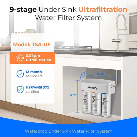 Image showing under sink water filter system with 0.01 micron ultra filtration, 9 stage filtration, white finish, installed in kitchen