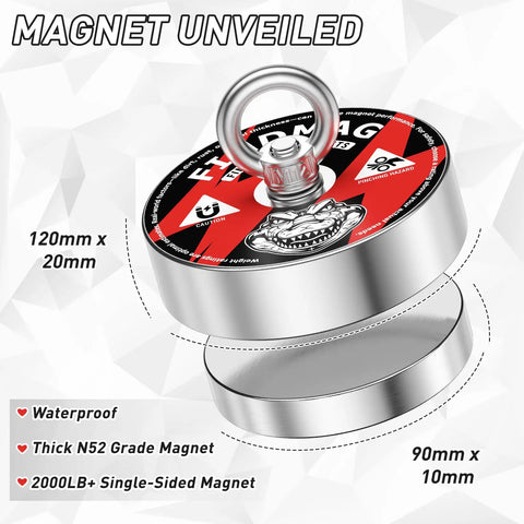 Beast Magnet Fishing Kit 3000LBS Pull With 4.72 Inch N52 Neodymium Magnet showcasing dimensions and features.