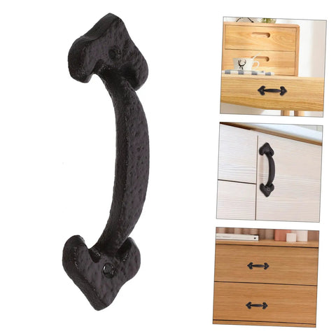 Retro Style Cabinet Door Pull Handles 1 Set Sturdy Furniture Grips For Cabinets Closets And Dressers Vintage Design Easy To Open No Burrs For A Comfy Touch, black metal pull handle shown on various wooden drawers.
