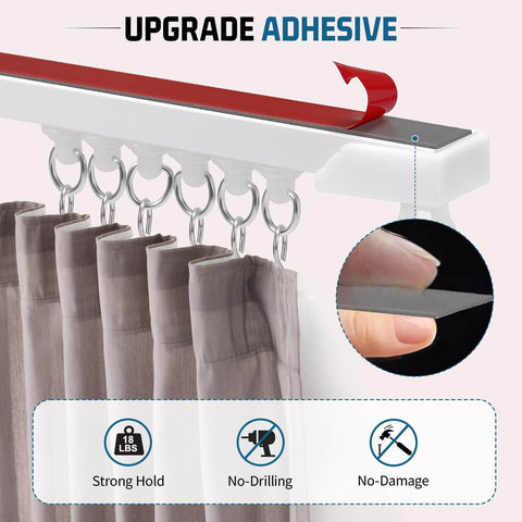 No Drill Adhesive Curtain Track With 10.5ft Ceiling And Wall Mount, easy installation, close-up of adhesive strip and mounted curtain