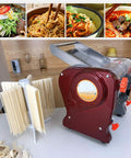 LEONEBEBE Electric Pasta Maker For Home Use Commercial Dough Sheeter Auto Noodle Press stainless steel dual cutter on a kitchen counter.