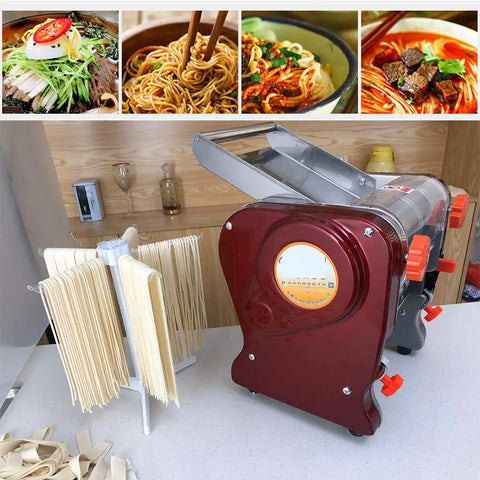 LEONEBEBE Electric Pasta Maker For Home Use Commercial Dough Sheeter Auto Noodle Press stainless steel dual cutter on a kitchen counter.