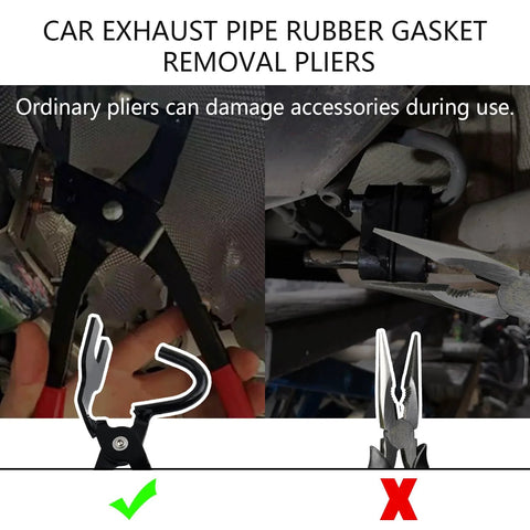 Exhaust hanger removal tool with 25° offset, black pliers with red grips for dismantling exhaust hangers (Amazon)