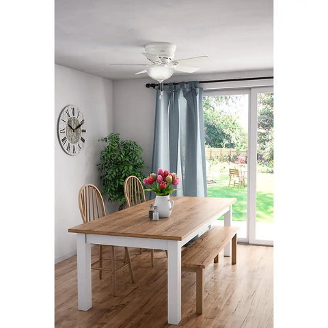Indoor Low Profile Ceiling Fan With LED Light And Pull Chain Control 42 Inch Fresh White Ultra Quiet installed in a dining room.