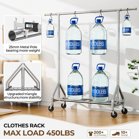 Built Like A Tank Heavy Duty Steel Rolling Clothes Rack Holds 450 Lbs With Sturdy Shelves For Hanging Jeans Coats Dresses Portable Wardrobe With Quiet Casters Easy To Move Around Your Room Silver Finish Garage Ready