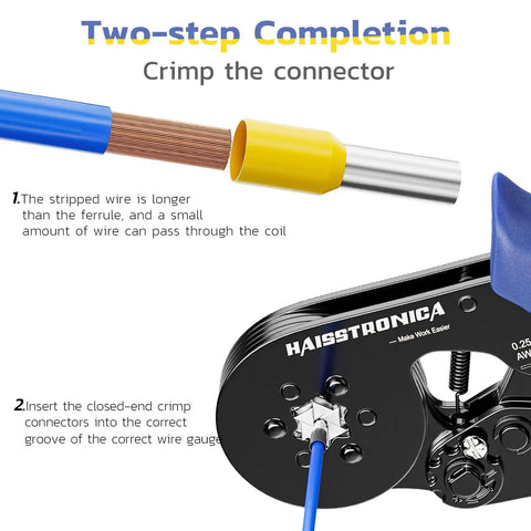 Illustration of Ferrule Crimping Tool Kit With 1200 Ferrules, Adjustable Ratchet Crimper For AWG 23 To 10 Wire End Ferrule Terminals.