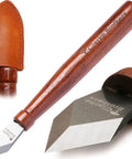 Premium Woodworking Marking Knife With Razor Sharp High Carbon Steel Blade And Durable Wooden Handle Comes With Heavy Duty Real Leather Sheath, showing the knife and sheath detail.