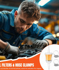 Mechanic using Two Pack 12V Low Pressure Inline Fuel Pump Kit 4 To 7 PSI Universal Gas And Diesel Pumps With Two Fuel Filters And Eight Hose Clamps
