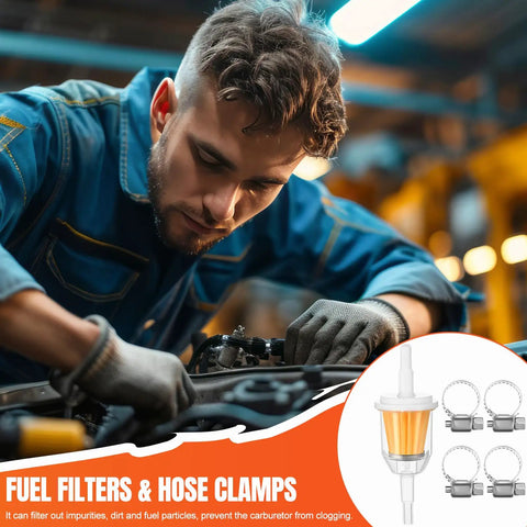 Mechanic using Two Pack 12V Low Pressure Inline Fuel Pump Kit 4 To 7 PSI Universal Gas And Diesel Pumps With Two Fuel Filters And Eight Hose Clamps