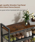 Five Tier Metal Shoe Rack With Wooden Top And Adjustable Mesh Shelves For Entryway Or Closet, brown shoes on display