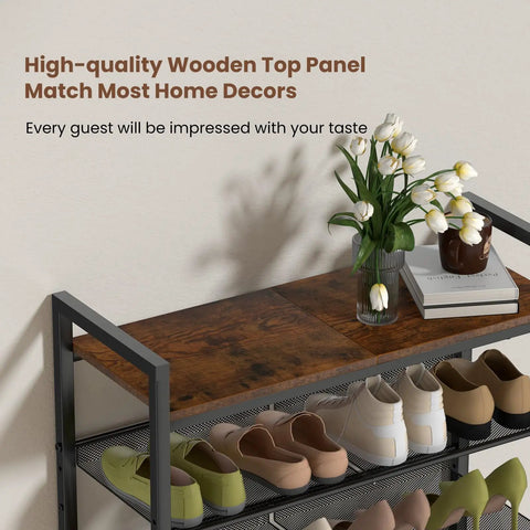 Five Tier Metal Shoe Rack With Wooden Top And Adjustable Mesh Shelves For Entryway Or Closet, brown shoes on display