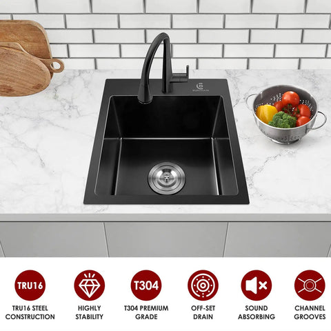 Top view of Drop In Kitchen Sink 17 By 15 Inch Top Mount Bar Sink 16 Gauge Stainless Steel Single Bowl with Black Finish installed on countertop