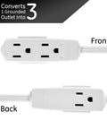 Three Outlet Flat Extension Cord With Eight Foot Grounded Cable For Home Office Media Center And Workspace Use Turns One Wall Outlet Into Three Prong Outlets front and back view