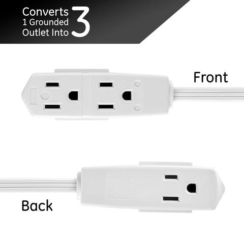 Three Outlet Flat Extension Cord With Eight Foot Grounded Cable For Home Office Media Center And Workspace Use Turns One Wall Outlet Into Three Prong Outlets front and back view