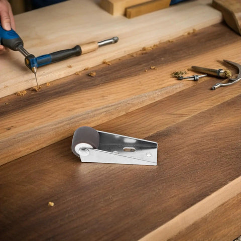 Heavy Duty Barn Door Floor Guide With Slick TPE Rubber Caster For Smooth As Glass Rolling Action And Steady Anti Droop Base That Keeps Your Wide Slider Running True on a woodworking table.