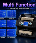 Mixed Denomination Cash Counter And Money Counting Machine With IR Image UV MG DD Counterfeit Detection, display screen showing count results