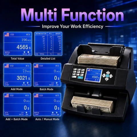 Mixed Denomination Cash Counter And Money Counting Machine With IR Image UV MG DD Counterfeit Detection, display screen showing count results