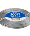 Coiled 200-ft T316 marine-grade 7x7 strand stainless steel cable, labeled for deck railings and coastal use