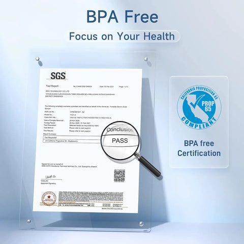 BPA free certification document for Ultra Compact Portable Bidet With High Pressure Water Spray Rechargeable Electric Travel Bidet
