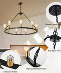Black And Gold 9 Light Industrial Wagon Wheel Farmhouse Chandelier, 32 Inch Diameter in living room with detailed close-ups