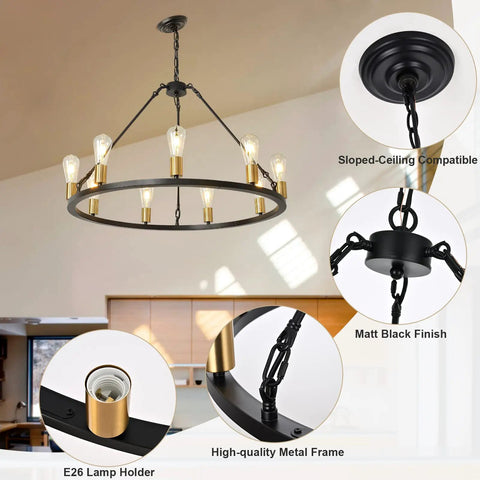 Black And Gold 9 Light Industrial Wagon Wheel Farmhouse Chandelier, 32 Inch Diameter in living room with detailed close-ups