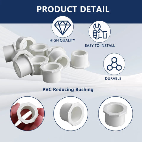 3/4 X 1/2 Inch PVC Reducing Bushing Socket To Socket White Pipe Fitting Adapter 10 Pack Schedule 40 Plastic Reducer Bush For Home Plumbing Pool And Industrial Use, white PVC reducer bush