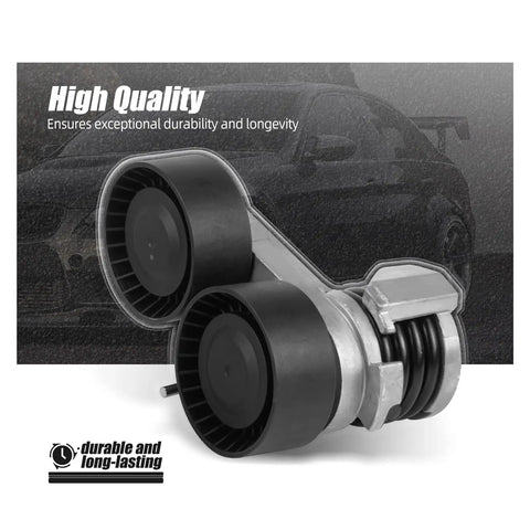 Must-Have Serpentine Drive Belt And Idler Pulley Plus Tensioner Kit For BMW N54 E90 E92 E93 Models, Upgraded Gear Keeps Accessories Running Smooth As Butter For 335i And 135i Years 2005 To 2010. Front view of BMW N54 tensioner pulley and idler pulley kit
