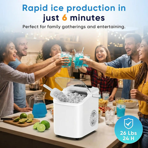 Countertop Ice Maker With Handle, Fast 6 To 8 Minute Bullet Ice Cubes, Produces 26 Lbs Per Day, Self Cleaning With Ice Basket And Scoop