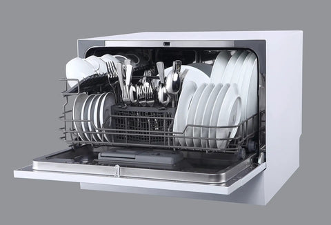 Top Notch Compact Countertop Dishwasher Fits Right Into Any Kitchen Scrubbing Dishes Clean Hassle Free With Energy Star Rating Delay Start LED panel and crisp white exterior loaded with dishes.