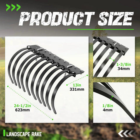 Heavy Duty ATV UTV Landscape Rake Implement for rock removal, grass clumps, debris prep, adjustable teeth, powder coated steel